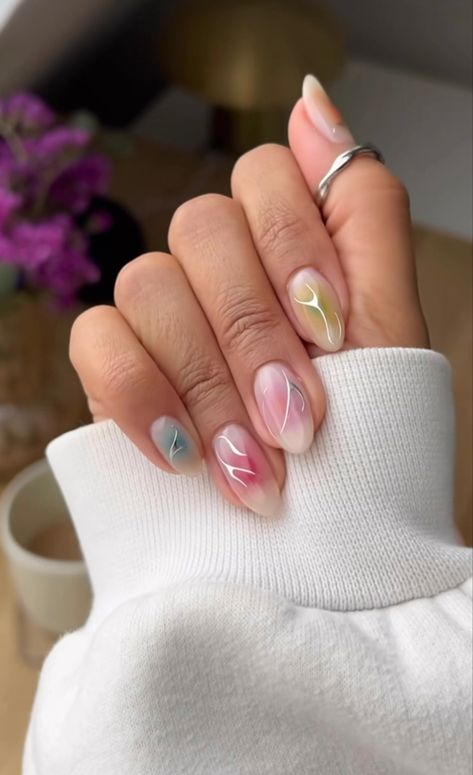 Summer Inspo Nails 2024, Korean Nail Aesthetic, Young Miko Nails Inspired, Art Museum Nails, Erika Diane Nails, Nail Designs 2024 Summer, Clear Aura Nails, Japanese Gel Nails, Unghie Sfumate