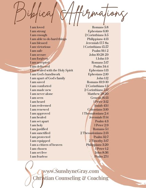 Get your free printable PDF of Biblical Affirmations- Learn what the Great I Am says about you! 31 Scriptures to outline your Identity in Christ. #mentalhealth #christiancounseling #identity #affirmations Scripture Who God Says I Am, Bible Guide For Emotions, What God Says About Me Scriptures, I Am Biblical Affirmations, Scriptures For Career, Daily Bible Affirmations For Women, Biblical Self Affirmations, What God Says About You Scriptures, Scriptures For Self Confidence