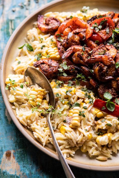 Cajun Pepper Shrimp with Creamed Corn Orzo | halfbakedharvest.com #shrimp #summerrecipes #corn #30minutes Corn Orzo, Buttery Shrimp, Cajun Shrimp Recipes, Half Baked Harvest Recipes, Pepper Shrimp, Cajun Cooking, Harvest Recipes, Half Baked, Creamed Corn