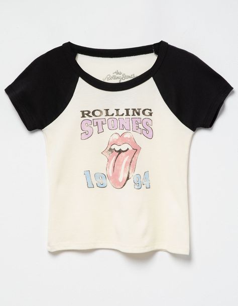 Rolling Stones Raglan Tee. Rib Knit Construction. Large Distressed Graphic Screened On Front. Contrasting Crewneck And Short Sleeves. 50% Cotton, 50% Polyester. Machine Wash. Imported. | Rolling Stones Girls Raglan Tee The Rolling Stones Shirt, Tilly Shirts, Rolling Stones Concert Outfit, Birthday Wishlist Clothes, Cute Graphic Tee Outfits, Tillys Tops, Cute Clothes For School, Cute Preppy Clothes