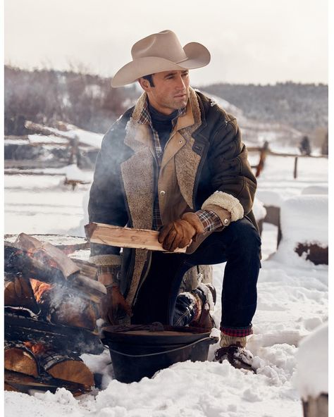 Winter is here! | Shot on the Diamond Cross Ranch for @luxurycard | Bundle up and get cozy by the fire in this @RalphLauren shearling coat… Winter Cowboy Aesthetic, Cowboy Winter Outfits, Winter Cowboy Outfit, Cowboy Outfit Men, Diamond Cross Ranch, Winter Cowboy, Cowboy Outfit For Men, Winter Fashion For Women, Country Mens Fashion