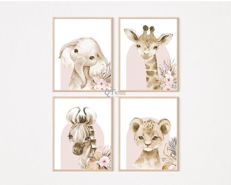 Pink Safari Nursery, Safari Nursery Girl, Baby Animal Painting, Pink Floral Decor, Prints Bedroom, Safari Nursery Prints, Kids' Playroom, Safari Animal Prints, Baby Painting