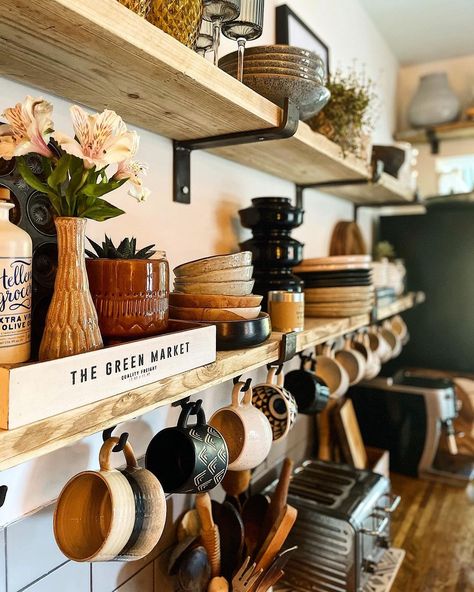 I realised I haven’t shared a full shot of the open shelves so here they were in all their glory! Hard to get them all in though due to our… | Instagram Open Shelves Near Stove, Corner Shelves In Kitchen, Corner Open Shelves Kitchen, Small Kitchen Open Shelving, Shelves In The Kitchen, Island Remodel, Open Cupboard, Double Island, Earthy Kitchen