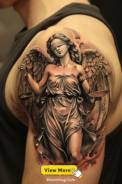 Detailed guardian angel tattoo on shoulder with wings and robes, symbolizing protection and guidance. Angel Tattoo On Shoulder, Angel Tattoo For Men, Tattoo For Men Ideas, Tattoo On The Shoulder, Guardian Angel Tattoo, Tattoo On Shoulder, Angel Tattoos, Symbol Of Protection, Fantasy Drawings