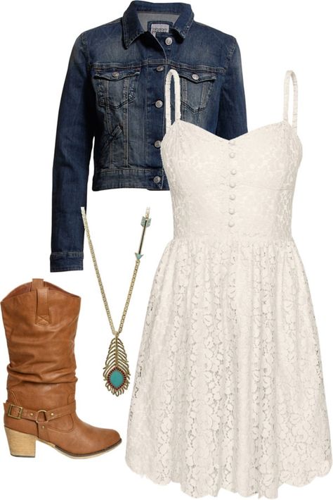 White lace dress, denim jacket, brown boots, long turquoise necklace. Boho Denim Jacket Outfit, White Dress With Boots Country, White Dress With Jean Jacket, White Dress With Denim Jacket, Country Denim Jacket, Cream Country Wedding Dress, Denim And Lace Outfits, White Dress Denim Jacket Cowboy Boots, Denim Dress With Boots Country Outfits