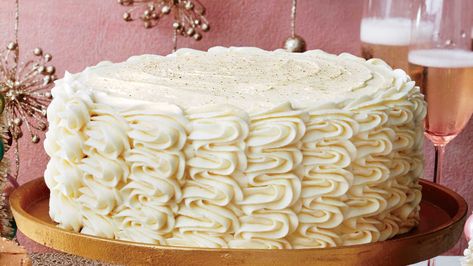 This towering four-layer cake is creamy and slightly boozy. Eggnog Buttercream, Buckwheat Cake, Custard Filling, Sprinkle Cake, Buttercream Recipe, Spice Cake, Round Cake Pans, Savoury Cake, Fall Desserts