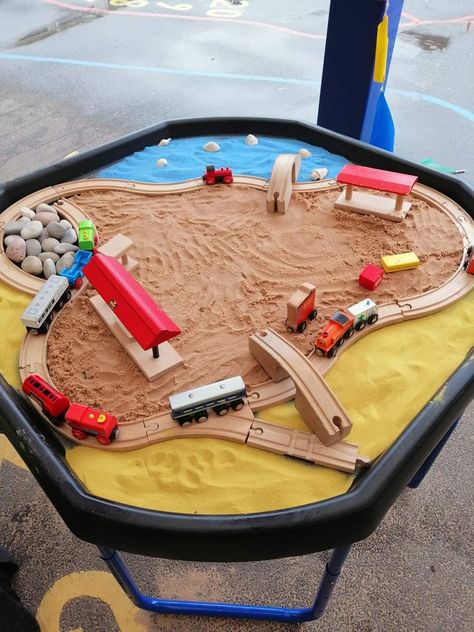 Sand Tray Ideas Eyfs Activities, Train Sensory Play, Car Sensory Play, Paw Patrol Sensory Play, Construction Tuff Tray Ideas, Sand Tray Ideas Eyfs, Tuff Tray Ideas Toddlers, Tuff Tray Ideas, Messy Play Activities