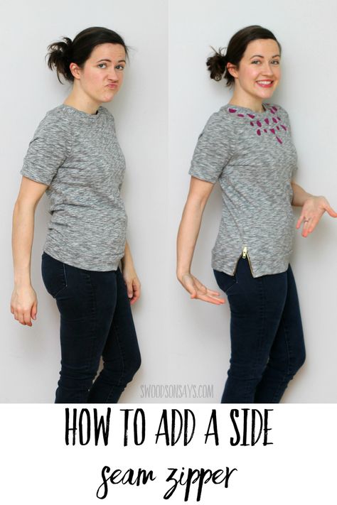 See how to make a shirt bigger with a side hem zipper! This is a refashion sewing tutorial to update old shirts and make them fit better. Refashion Clothes Tutorial, Clothing Makeovers, Jeans Refashion, Refashioned Clothing, Reuse Clothes, Reworked Clothes, Trash To Couture, Clothing Alterations, Clothes Upcycle