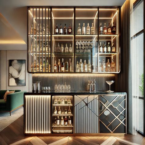 House Mini Bar Ideas, Wall Bar Ideas For Home, Wall Bar Ideas, Home Bar Designs Luxury, Contemporary Home Bar, Bar Wall Design, Bar With Mirror, Modern Home Bar Designs, Mini Bar At Home