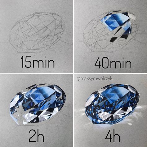 1,592 Likes, 62 Comments - Maksym Wołczyk (@maksymwolczyk) on Instagram: “Drawing 💎 in 4 steps ☺️ Should l make more posts like this?” Kristina Webb, Jewel Drawing, Prismacolor Art, Jewelry Rendering, Instagram Drawing, Diamond Drawing, Jewellery Design Sketches, Jewelry Illustration, Jewelry Design Drawing