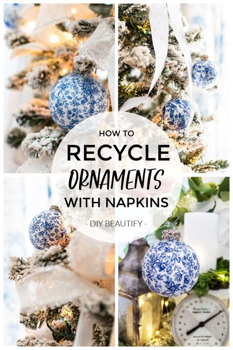 Crafts With Old Christmas Ornaments, Decorating Clear Christmas Ornaments, Repurposing Christmas Ornaments, Paper Napkin Ornaments, Diy Ornaments From Old Clothes, Diy Blue Ornaments, Reverse Decoupage Ornaments, Trending Ornaments 2023, Repurpose Old Christmas Ornaments