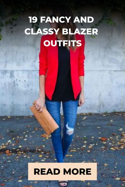 Woman standing against a wall wearing a red and black blazer over a black top with distressed jeans, holding a tan clutch. Long Red Blazer Outfit, Red Velvet Blazer Outfit Women, Red Blazer Outfit Night, Red Blazer Outfit Classy, Red Blazer Outfits For Women, Red Blazer Outfit Casual, Red Blazer Outfit For Work, Teal Blazer Outfit, Burgundy Blazer Outfit Woman