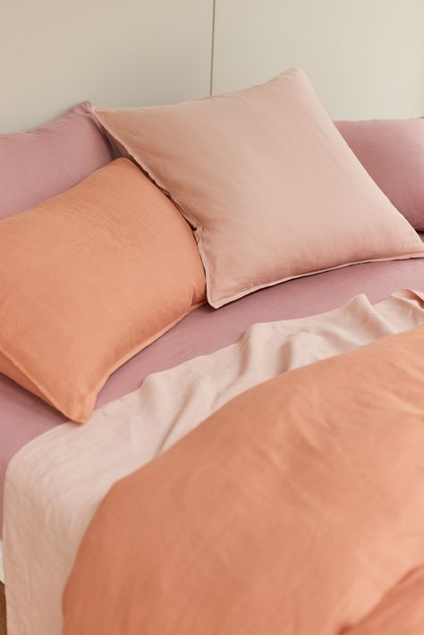 Clay in Eve Linen is the perfect hue to add warmth and comfort to any bedroom. Get the full look by pairing with Eve Linen in Clay, Blush and Mauve. Tonal Bedding, Blush Bed, Blush Bedding, Peach Bedding, Pink Edit, Striped Bedding, Striped Quilt, Quilt Covers, Peach Fuzz