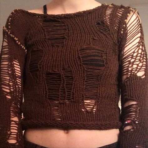 Distressed knitted brown acrylic sweater ig: @ createdbymigle Distressed Knit Sweater Pattern, Distressed Crochet Sweater, Distressed Knitted Sweater, Distressed Crochet Knit Sweater, Distressed Knitwear, Distressed Fashion, Darkly Inclined, Brown Acrylic, Distressed Sweaters