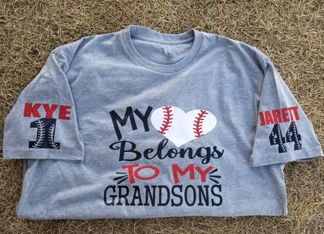 "This Listing is for: One \"My heart blongs to my grandsons\" Baseball shirt **This shirt features a cute grandparent baseball shirt. This is vinyl **This shirt is available in many colors. Can also do boys singular.  This design can be placed on different style shirts. Prices vary on different type of item. **This design is definitely customizable. If you would like a different vinyl color than what is shown in the photo, please convo me with your ideas! :) **All of my items are handmade. There Love My Grandson, Baseball Grandma, Baseball Theme Birthday, Baseball Shirt Designs, Baseball Love, Custom Baseball Shirt, Grandparents Shirt, Funny T Shirt Sayings, Things To Do With Boys