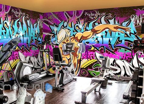 Gym Wall Art Graffiti, Gym Graffiti, Cheap Wallpaper, Modern Mural, Dorm Living Room, Gym Wall, Basketball Shooting, Eating Before Bed, Graffiti Street Art