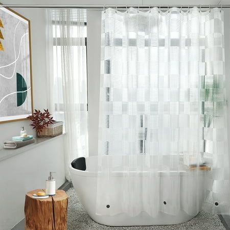 Made of 100% EVA, this shower liner is both functional and beautiful. Its heavy-duty construction is neither too thick nor stiff, and it's free of any plastic smell. Plus, it's mold and mildew resistant and easy to clean. The transparent material allows bright light to come through, while the 3D geometric pattern provides a little privacy. With 3 strong magnets at the bottom, the liner stays in place and attaches easily to the tub. The reinforced top hem includes 12 metal eyelets to prevent tear Clear Shower Curtain, Tree Curtains, Plastic Shower, Plastic Shower Curtain, Cool Shower Curtains, Geometric 3d, Shower Curtain Liner, Geometric Pattern Design, Quirky Home Decor