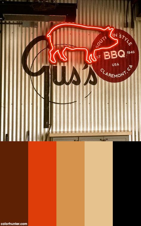 Bbq Sign Color Scheme from colorhunter.com Bbq Shop Design, Bbq Restaurant Branding, Bbq Color Palette, Restaurant Color Scheme, Bbq Restaurant Design, Oak Restaurant, Bbq Design, Stone Bbq, Resturant Design