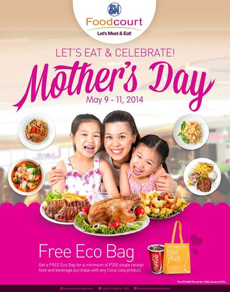 Let's Meet & Celebrate MOTHER'S DAY!  FREE ECO BAG!  Get a free Eco Bag for a minimum of P250 single receipt food and beverage purchase with any Coca-Cola product.  Promo will run from May 9 - 11, 2014  DTI-NCR permit no. 3950 series of 2014 Mothers Day Promo, Food Receipt, Mothers Day Special, Food And Beverage, Mom Day, Eco Bag, Gift Item, Coca Cola, Mother's Day Gifts