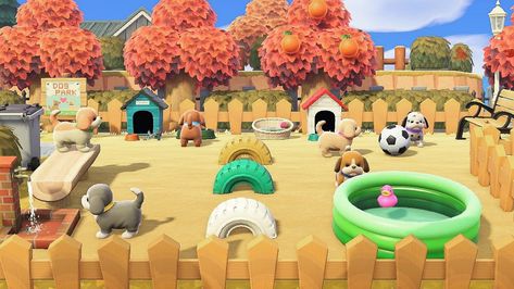 Acnh Dog Park Ideas, Animal Crossing Dog Park, Acnh Dog Design, Acnh Kidcore Neighborhood, Acnh Dog Park, Nintendo Switch Animal Crossing, Abandoned City, Dog Cafe, Pet Hotel