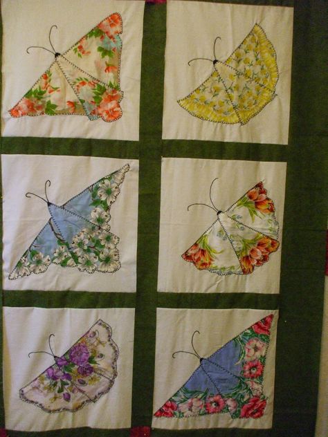 Quilts and Art by Cheryl: Handkerchief Butterfly Quilt Hanky Quilt Patterns, Hankie Quilts Ideas, Vintage Hankies Ideas, Vintage Butterfly Quilt, Hanky Quilt, Handkerchief Quilts, Handkerchief Quilt, Hankie Quilts, Linen Projects