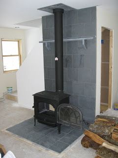 Building Lincoln Bedrooms II: Wood Fire, Tile, and Paint Wood Stove Tile, Woodstove Hearths, Woodstove Ideas, Wood Stove Heat Shield, Wood Stove Surround, Stove Hearth, Stove Wall, Faux Mantle, Wood Stove Hearth