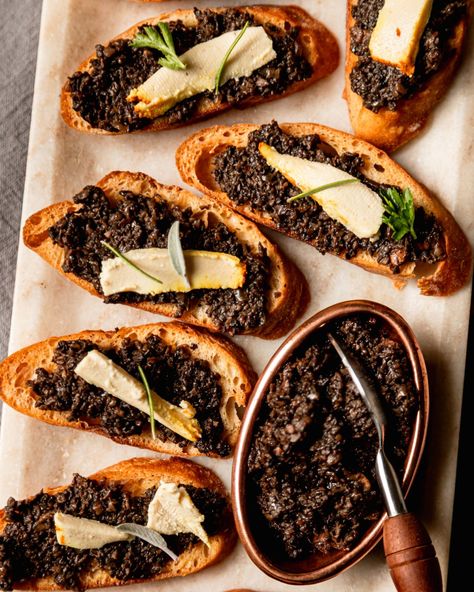 Vegan Mushroom Duxelles Crostini Appetizer | The First Mess Crostini Appetizer, Breaded Mushrooms, White Bean Recipes, Vegan Appetizers Recipes, Toasted Crostini, Crostini Appetizers, Dried Porcini Mushrooms, Vegan Mushroom, Bruschetta Recipe