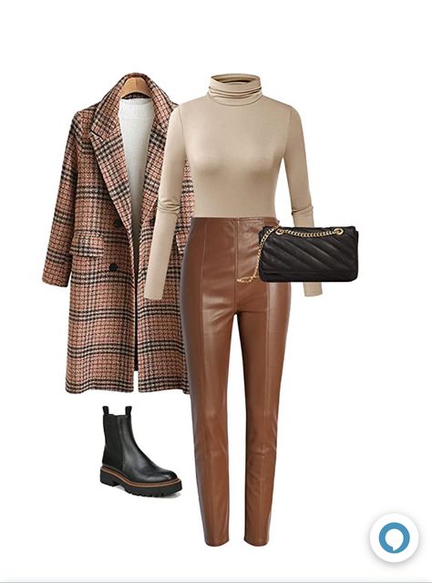 Faux Leather Coat Outfit, Fall Outfits Brown Boots, Brown Plaid Pants Outfit, Casual Party Outfit Night, Leather Pants Outfit Winter, Outfits Leggins, December Outfits, Outfit Elegantes, Brown Leather Pants