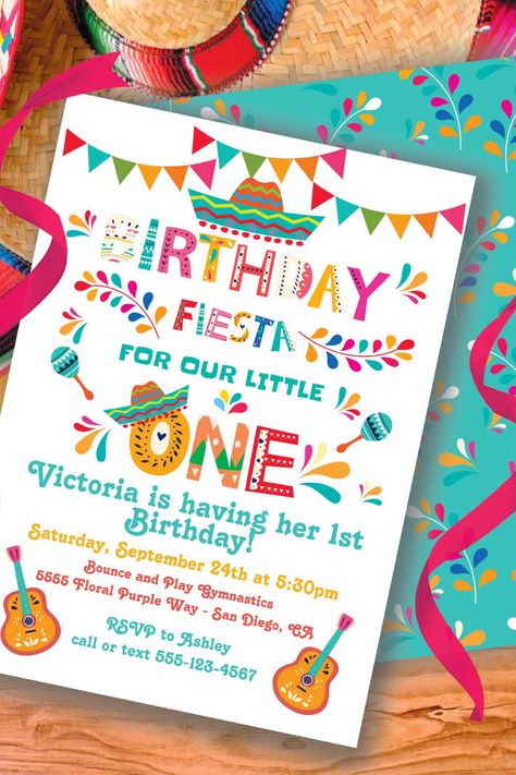 Mexican Fiesta little One 1st Birthday Invitation 1st Birthday Fiesta, Birthday Fiesta, Fun Fonts, Fiesta Theme, Birthday One, Fiesta Birthday, 1st Birthday Invitation, Turning One, 1st Birthday Invitations