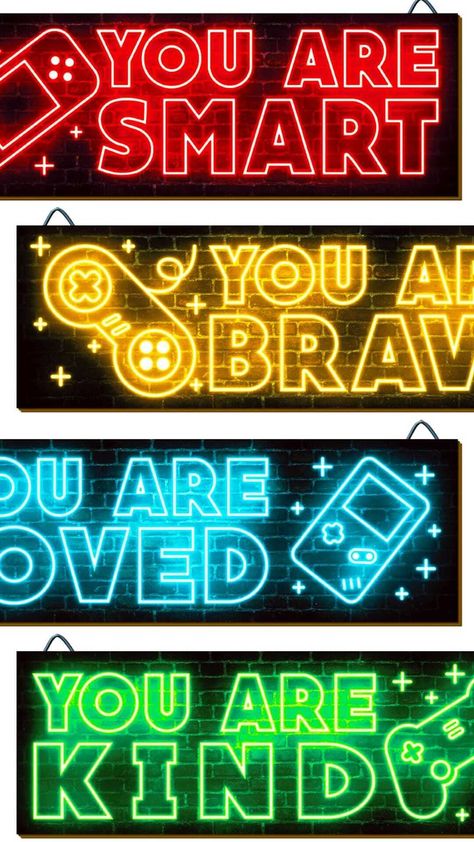 Add a boost of excitement to their gamer's space with our 4pcs neon game art prints! Perfect for a motivational quote wall decor or modern home decor that inspires. Boys Room Gamer, Bedroom Teen Boy, Teen Boys Bedroom Ideas, Red Posters, Teen Boys Bedroom, Neon Game, Gamer Wall Art, Quote Wall Decor, Bedroom Teen