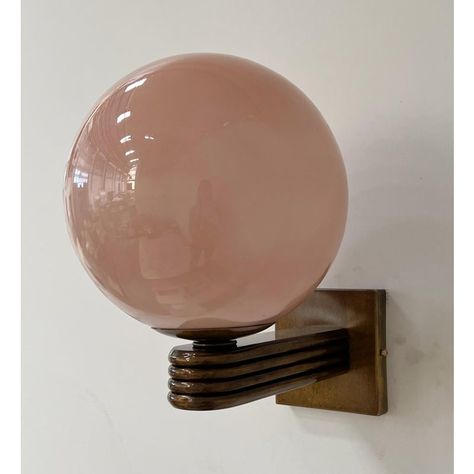 Italian Art Deco style wall light with Opaque Coral Murano glass globe mounted on Bronzed finish frame, designed by Fabio Bergomi for Fabio Ltd, made in Italy 1 light / E12 or E14 type / max 40W Art Deco Lighting Wall Light Fixtures, Non Electric Wall Sconces, 1930s Lighting, Art Deco Cafe, Modern Art Deco Interior, Cool Light Fixtures, Italian Art Deco, Hallway Light Fixtures, Art Deco Wall Lights