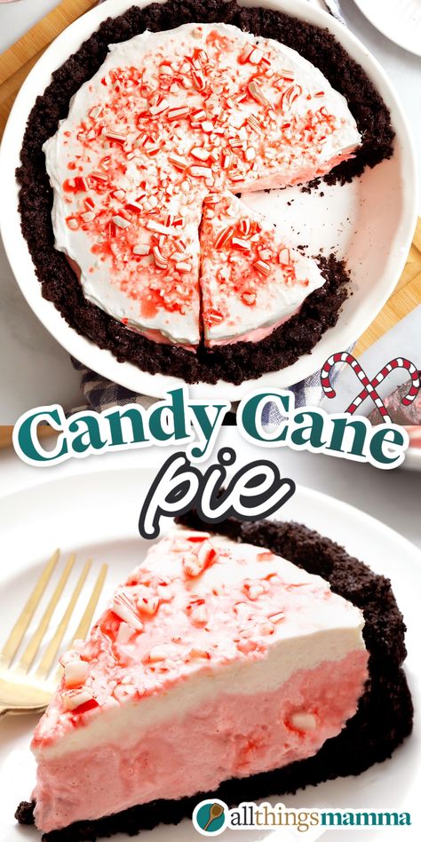 Candy Cane Pie collage image. Bakers Square Candy Cane Pie Recipe, No Bake Candy Cane Pie, Peppermint Cream Pie Recipe, Candy Cane Pie Recipe, Candy Cane Desserts, Peppermint Pie Recipe, Cookie Crumb Crust, Candy Cane Pie, Christmas Pies