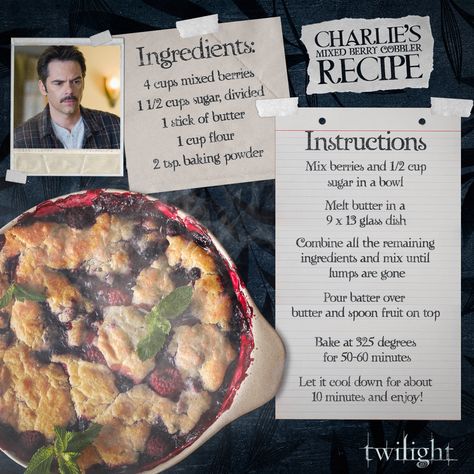 THE TWILIGHT SAGA on Twitter: "Bring Charlie’s Mixed Berry Cobbler to your #Thanksgiving dinner! Recipe by @twilightersdrm. #Twilight… " Twilight Dinner, Twilight Forks, Mixed Berry Cobbler, Berry Cobbler Recipes, Twilight Party, Berry Cobbler, Twilight Sky, Berries Recipes, Favorite Pie