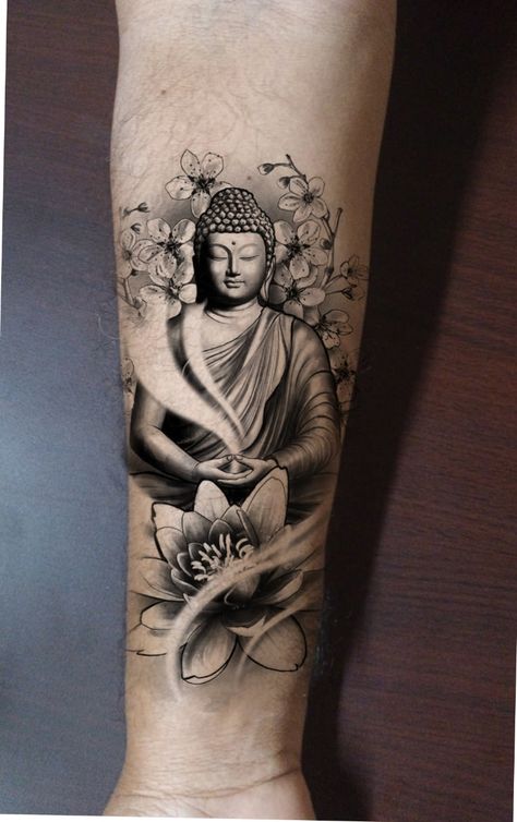 Buddha Tattoo Thigh, Thai Buddha Tattoo Design, Buddha And Mandala Tattoo, Bhairava God Tattoo, Buddha Statue Tattoo, Buddha Tattoos For Women, Buddah Tattoo For Women Arm, Buddha Tattoo Forearm, Buddha Flower Tattoo