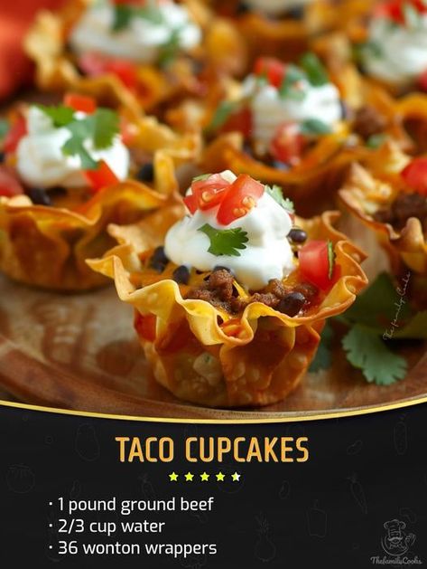 Easy and tasty recipes | Taco Cupcakes | Facebook Taco Cupcakes Wonton, Italian Dips, Pan Tacos, Taco Cupcakes, Taco Seasoning Mix, Taco Cups, Finger Foods Easy, Lunch Recipe, Mexican Foods