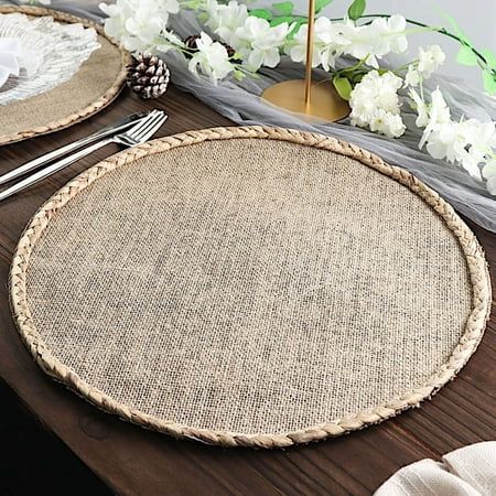 Create the perfect mood for every dinner occasion with these rustic placemats! These multipurpose round placemats with braided trim can be used in a variety of ways. Whether as a base for dinnerware or for your gorgeous centerpieces, these reusable non-fading placemats will create a trendy look and style for your formal or casual table setting. Surprise your guests with a charming and unique tablescape. The possibilities are endless! WHAT YOU GET: Each order is for four (4) placemats. Measuremen Placemat With Charger, Placemats Ideas Dining Rooms, Rustic Theme Party, Jute Placemat, Rustic Wedding Outdoor, Oval Tables, Coastal Kitchens, Jute Placemats, Farmhouse Placemats