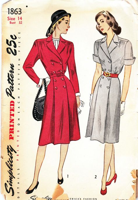 Simplicity 1863, dated 1946.  Misses and Womens One-Piece Dress:  The double-breasted bodice has gathers at the lower edge and darts at the 1969 Fashion, Historical Clothes, Simplicity Patterns Dresses, Fashion 1940s, Shirt Dress Pattern, Vintage Dress Patterns, 1940s Dresses, Couture Vintage, Simplicity Sewing Patterns