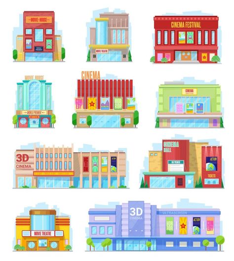 Cinema urban buildings, movie theater facade icons Movie Theater Architecture, Movie Theater Exterior, Theater Facade, Cinema Building, Urban Buildings, Theater Architecture, Vis Dev, Sims Builds, Building Icon