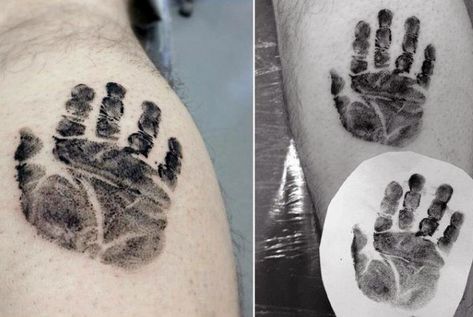 Leg Calf Guys Black Ink Realistic Handprint Tattoo Baby Hand Print Tattoo, Hand Print Tattoo, Handprint Tattoo, Hand Print Tattoos, Best Couple Tattoos, Father Tattoos, Baby Handprint, Tattoo Designs For Men, Calf Tattoo