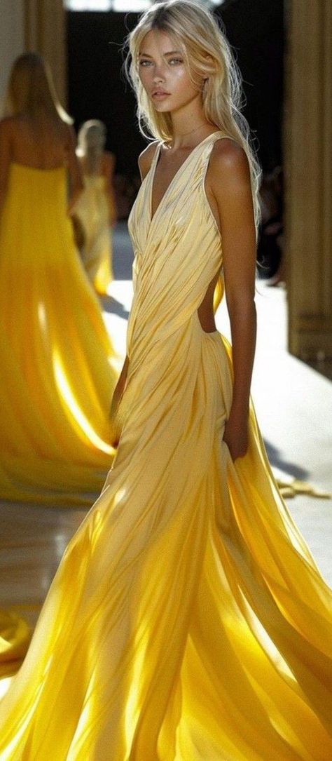 Yellow Runway Dress, Yellow Runway Fashion, Egg Yoke, Luxury Gown, Gold Gown, Dress Aesthetic, Runway Dresses, Pajama Party, Yellow Dress