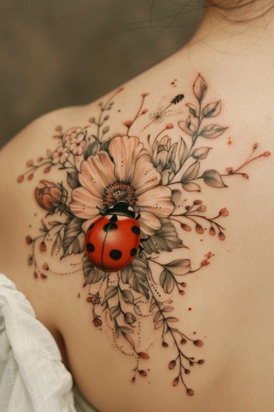 Lock And Flower Tattoo, Tattoos With Ladybugs, Floral Ladybug Tattoo, Insect Half Sleeve Tattoo, Insect Flower Tattoo, Sunflower And Ladybug Tattoo, Embroidery Style Tattoo, Realistic Ladybug Tattoo, Ladybug And Flower Tattoo