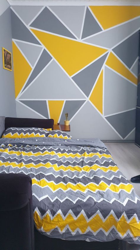 Grey And Yellow Walls, Grey And Yellow Bedroom Walls, Yellow Wall Bedroom Ideas Decor, Boys Yellow Bedroom, Yellow Wall Painting Ideas, Geometry Wall Paint, Yellow And Gray Bedroom Ideas, Yellow And Gray Bedroom, Gray And Yellow Bedroom Ideas