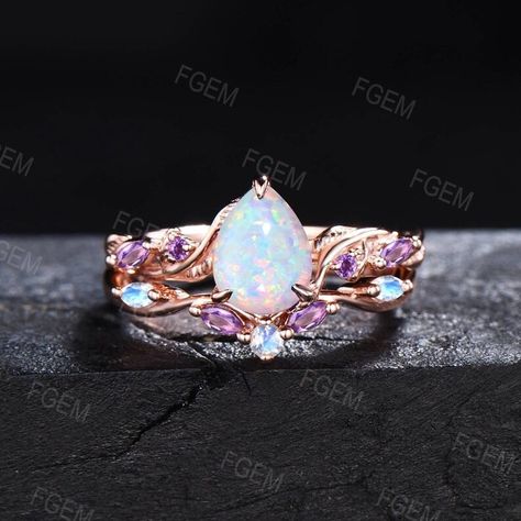 Opal and Amethyst Nature Inspired Bridal Set 1.25ct Pear Opal Engagement Ring Twisted Band Branch Twig Vine Moonstone Wedding/promise Ring - Etsy UK Engagement Ring Twisted Band, Midsummers Night, Ring Twisted Band, Cheap Promise Rings, Twisted Band Engagement Ring, Cute Promise Rings, Pretty Engagement Rings, Nature Inspired Engagement Ring, Engagement Rings Twisted