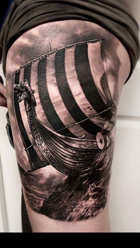 Norwegian Tattoo, Viking Ship Tattoo, Ship Tattoo Sleeves, Viking Drawings, Slavic Tattoo, Viking Warrior Tattoos, Norse Mythology Tattoo, Viking Tattoo Symbol, Viking Tattoo Sleeve