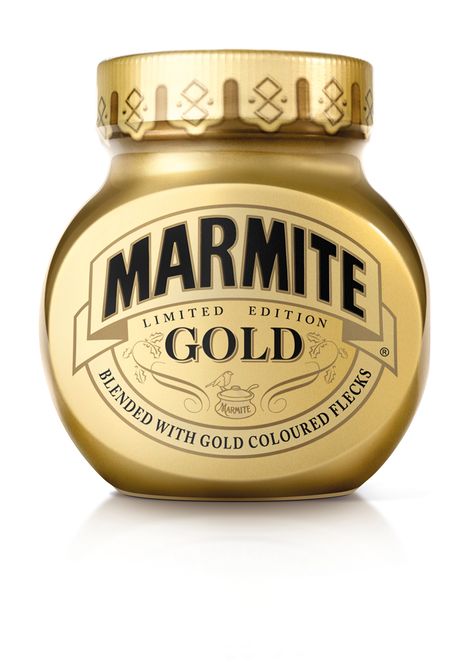 Packaging for Marmite's latest limited edition product Gold, designed by Hornall Anderson. Gold Jars, Limited Edition Packaging, Cool Packaging, Packaged Food, Food Packaging Design, Food Culture, Packaging Design Inspiration, Packaging Labels, Mustard Bottle