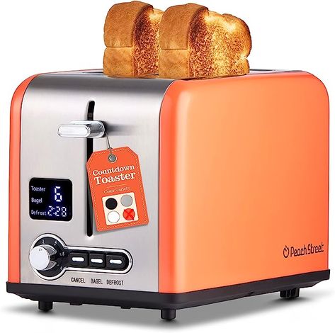 Amazon.com: Peach Street Slice Toaster Compact Bread Toaster with Digital Countdown, Wide Slots, Auto-Pop Stainless Steel, 6 Browning Levels, Removable Crumb Tray, with Defrost, Bagel, and Cancel Function (Peach, 2 Slice): Home & Kitchen Digital Countdown, Kitchen Cooking Appliances, Bread Toaster, Stainless Steel Toaster, Countertop Oven, Cooking Appliances, Steel Design, Cooking Kitchen, Small Kitchen Appliances