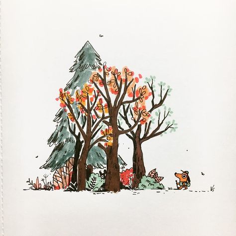 Doodle Forest, Forest Doodles Easy, Fall Tree Doodle, Woodland Doodles, Forest Doodles, Tree Doodle, Tiny Stories, Ink Doodles, Cute Easy Doodles