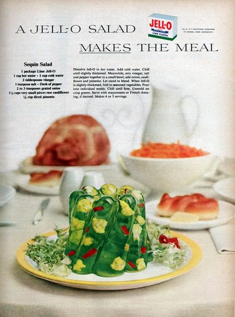 confetti-salad-1955 Jello Mold Recipes, Salad Packaging, Jello Salad, Vintage Dessert, Jello Recipes, Food Advertising, Vintage Food, Jell O, Food O