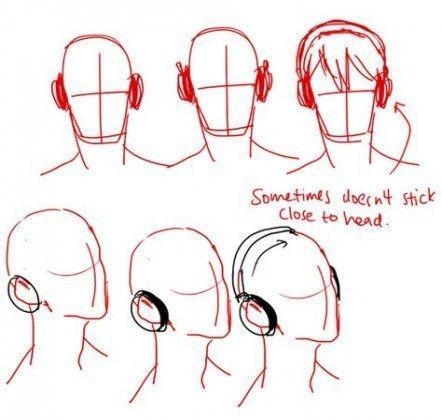 Headphones On Head Drawing, Character With Headphones Drawing, People With Headphones Drawing, Headphones On Head Reference, Oc With Headphones, How To Draw Headphones On Head, How To Draw Mask, How To Draw Accessories, Middle Part Drawing