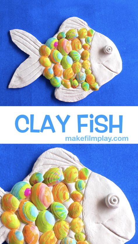 Make this simple fish out of air dry clay. We added some of our own dazzle by using hand-painted seashells as the scales and stuck them onto the fish bodies. This clay fish would be a sweet gift for Mother’s Day! Or a great art project the kids can try out anytime! Don’t forget to check out our cute little fish-stop-motion-video in this tutorial! Clay Crafts For Kindergarten, Air Dry Clay Projects For Preschoolers, Air Dry Clay Kindergarten, Simple Clay Art For Kids, Clay Activities For Preschoolers, Simple Clay Ideas For Kids, Clay Activities For Kids, Fish Art Projects For Kids, Clay Activities